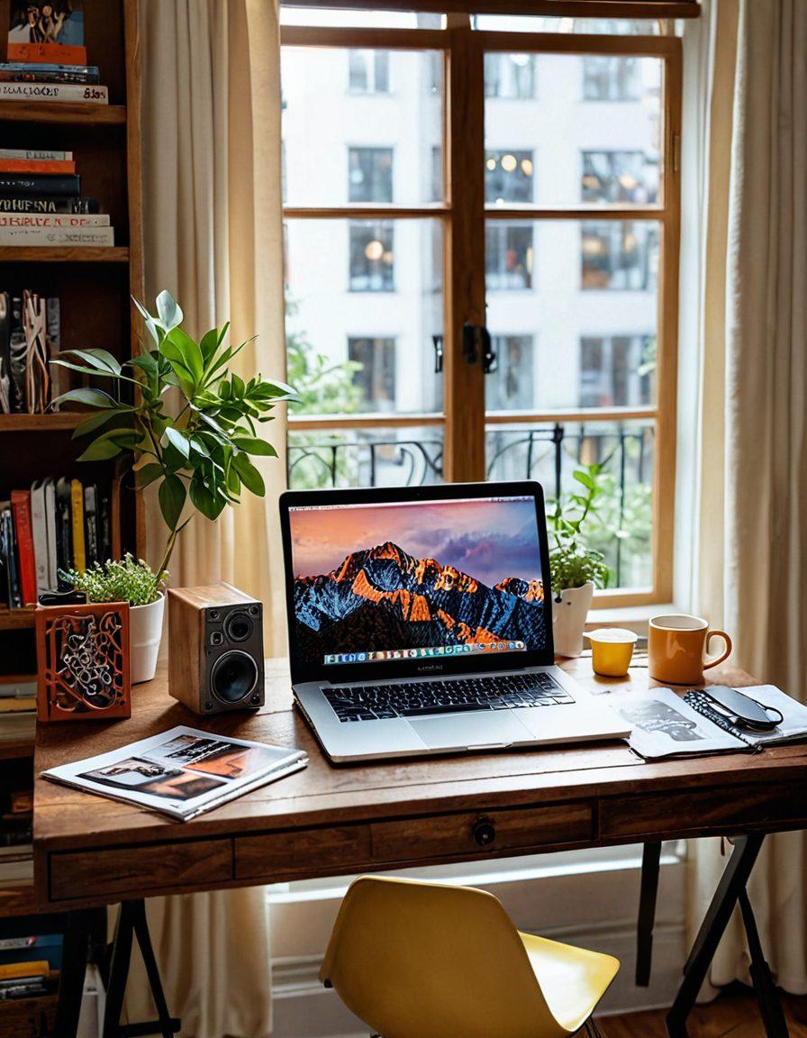 A cozy and modern workspace featuring a stylish desk with a notebook, a laptop, and vibrant decor elements. A warm cup of coffee sits beside a stack of trendy lifestyle magazines, while a large window lets in natural light. In the background, subtle hints of entertainment icons like film reels and music notes create a dynamic atmosphere. The scene embodies creativity, inspiration, and the blend of lifestyle and entertainment. super-realistic. vibrant colors. warm tones.