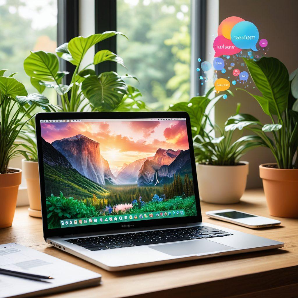 A serene workspace featuring a glowing laptop with colorful thought bubbles emerging from the screen, filled with words like 'Inspire', 'Create', and 'Engage'. Surround the laptop with plants for a refreshing feel, and include a coffee cup with steam rising to enhance creativity. The background should be bright and inviting, emphasizing a blend of creativity and digital innovation. super-realistic. vibrant colors. soft focus.