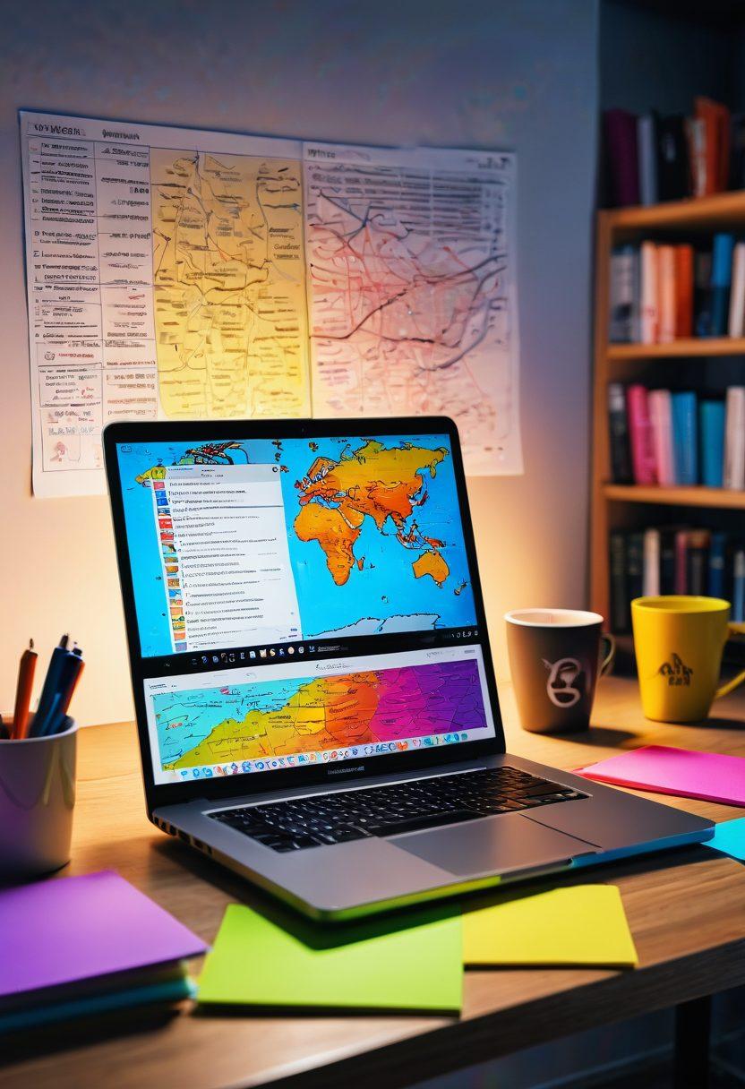 A vibrant, chaotic workspace depicting an open laptop with creative writing software on the screen, surrounded by colorful sticky notes, coffee cups, and books. In the background, a digital world map highlighting various global writers connecting online, with sound waves emanating from the laptop representing voice elevation. Bright and inspiring atmosphere. super-realistic. vibrant colors. 3D.